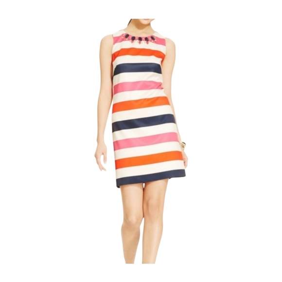 Vince Camuto Dresses & Skirts - Vince Camuto Jeweled Neckline Striped Satin Shift Dress Sz 10 New With Tag